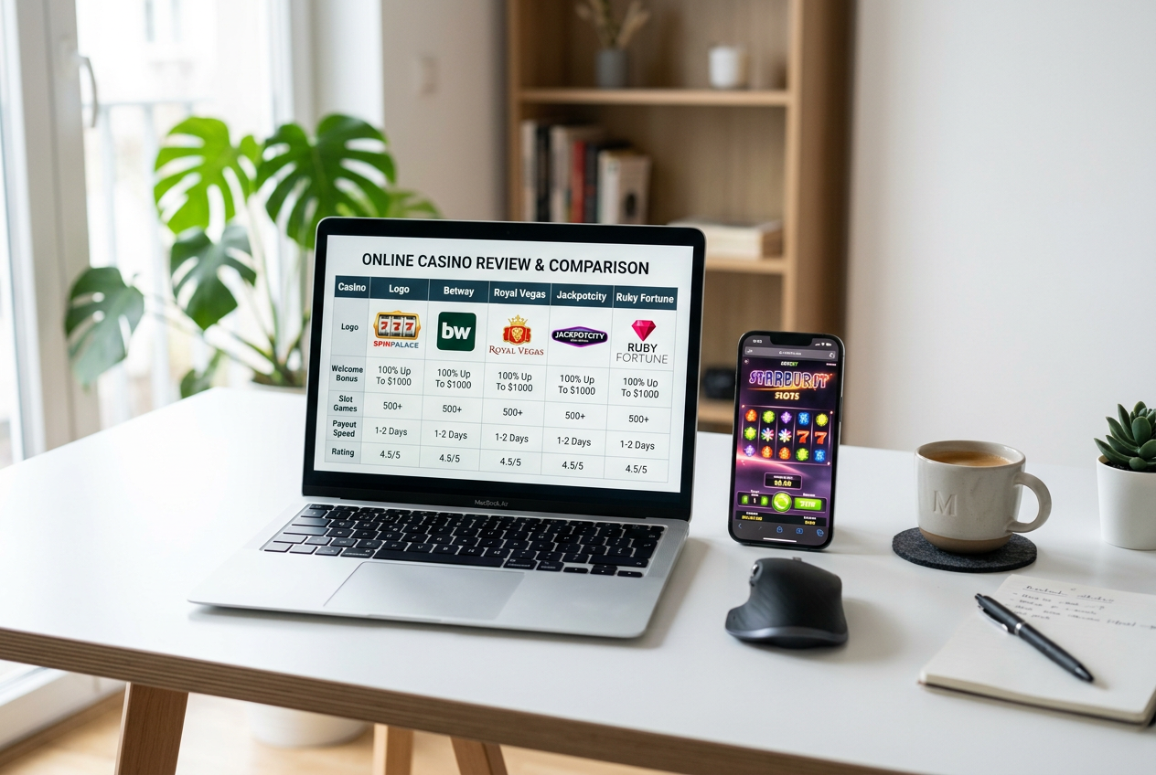 Side-by-side comparison of online casino platforms on a laptop screen