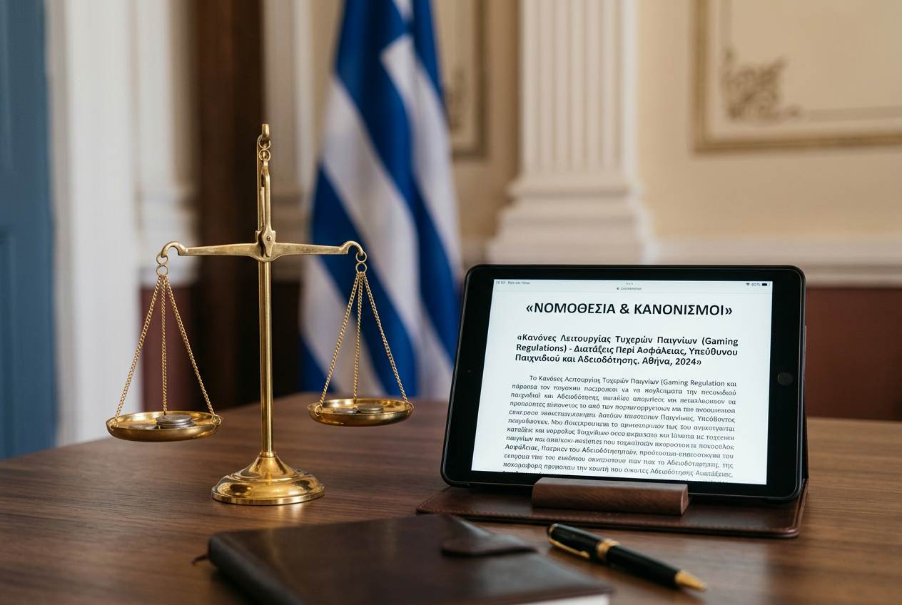 A conceptual image of legal documents and a balance scale representing Greek gambling regulations.